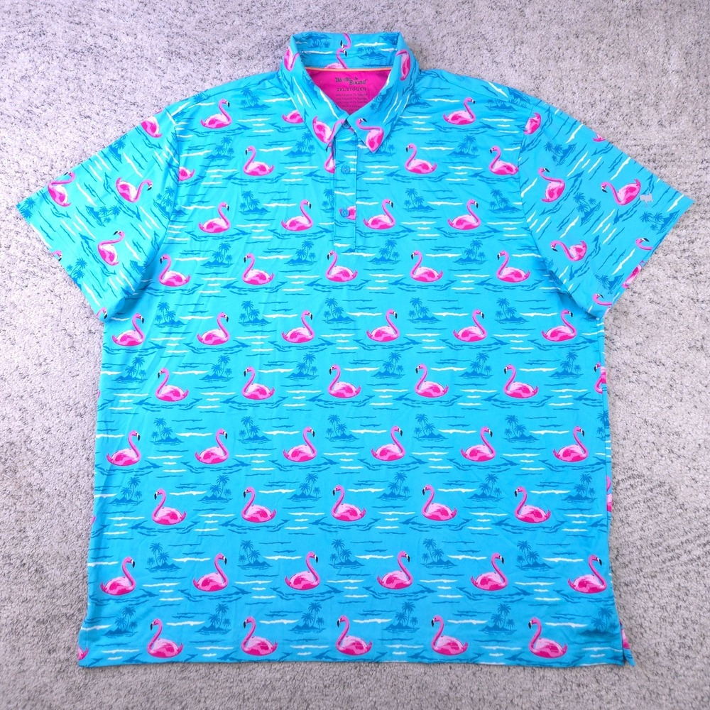 Birdie Bound Polo Shirt Mens XXL Golf Stretch Short Sleeve Blue Flamingo Print